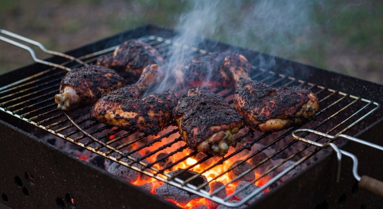 Jerk chicken smoking over coals on a grill