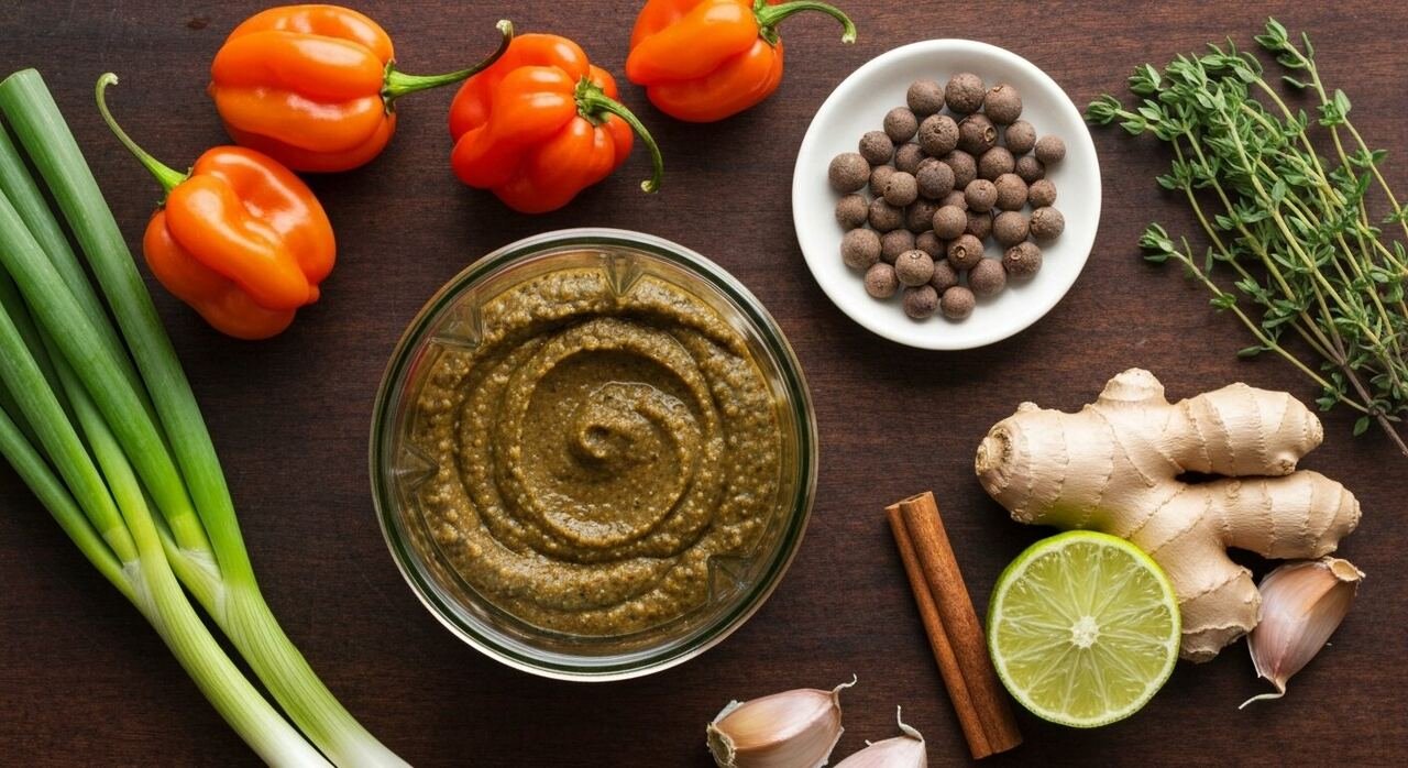 Scotch bonnets, scallions, thyme and allspice around a jar of jerk paste