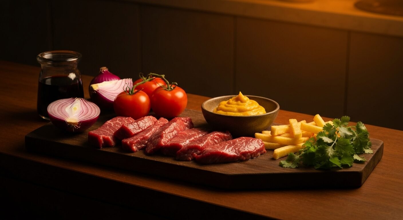 Ingredients for lomo saltado: beef strips, red onion, tomatoes, aji amarillo, soy sauce and fries