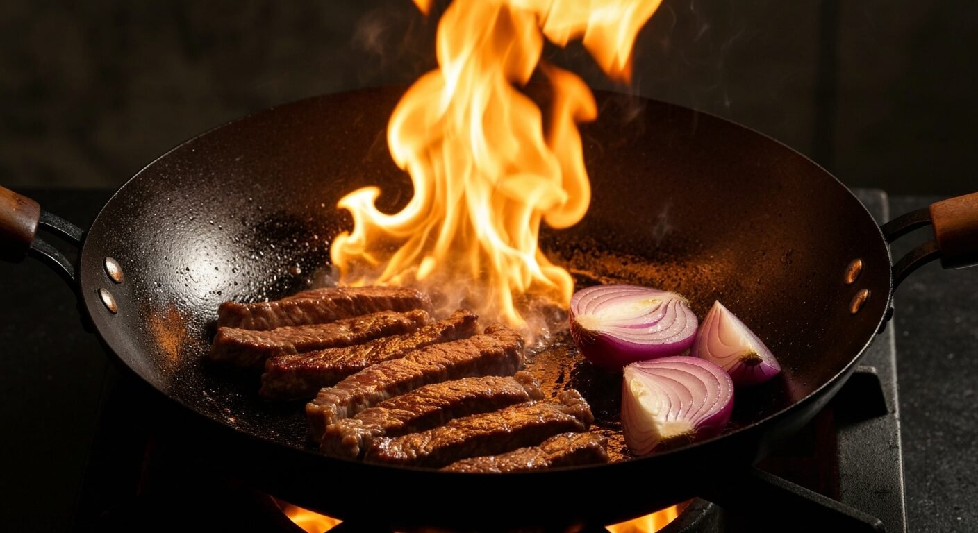 Searing beef for lomo saltado