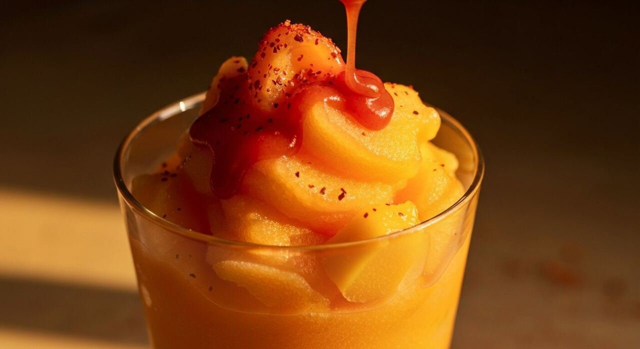 Red chamoy drizzled over mango slush in a cup