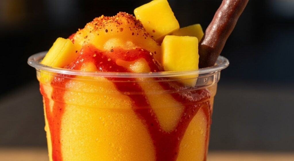 A mangonada with mango slush, chamoy and chili-lime seasoning