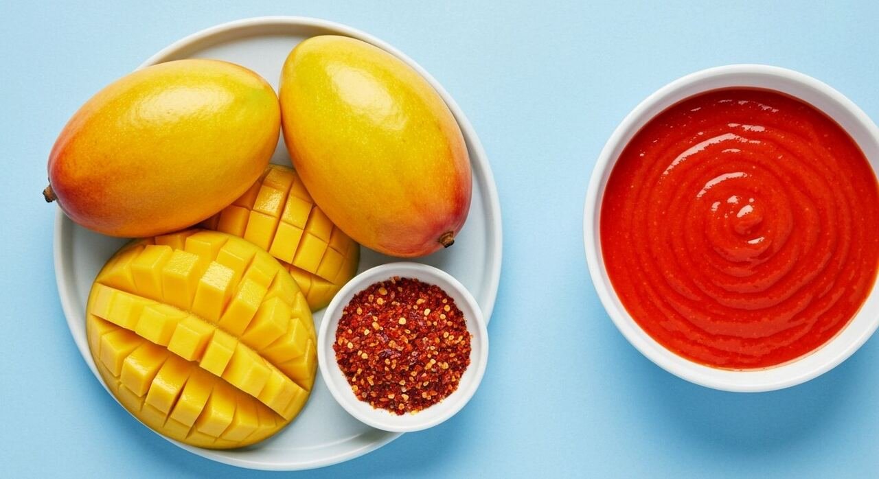 Mangoes, chamoy sauce, chili-lime seasoning and lime for a mangonada