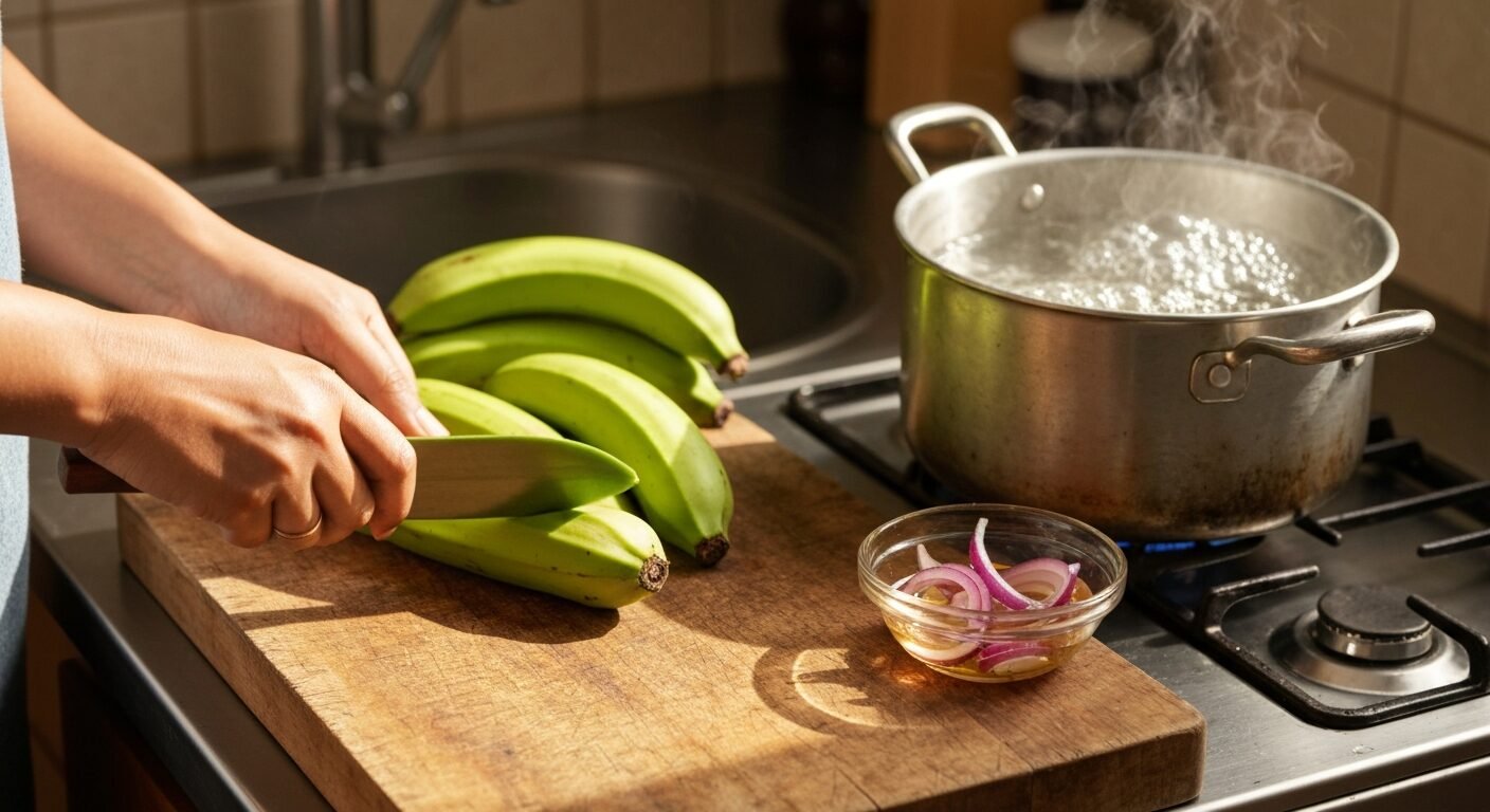 Green plantains being peeled beside pickling red onions for mangu