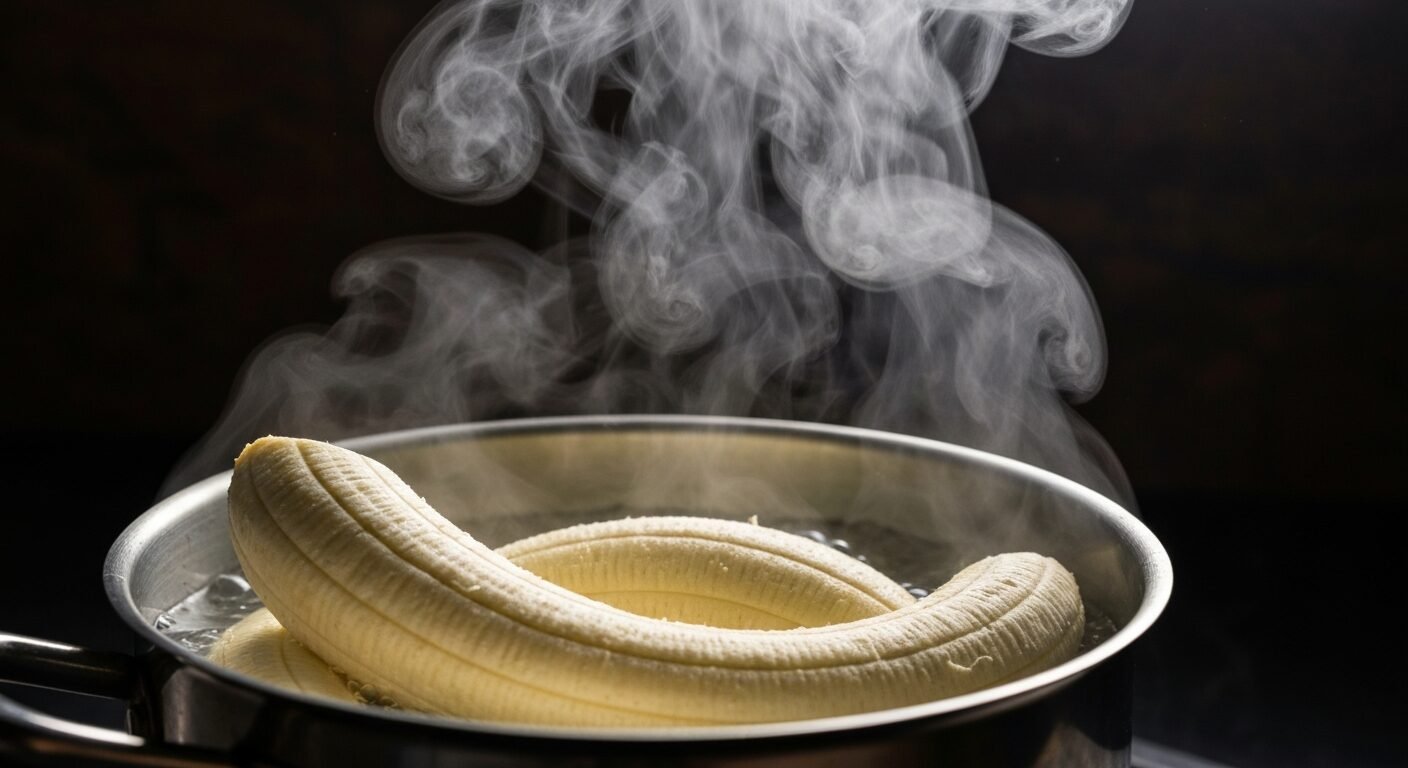Boiling green plantains for mangu