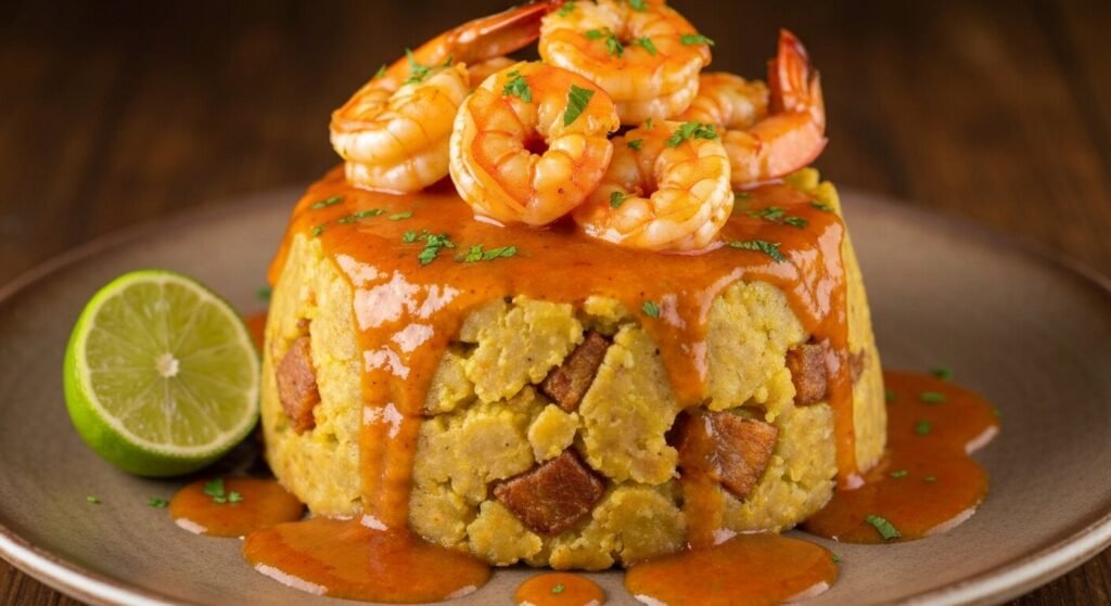 A golden dome of mofongo topped with garlic shrimp