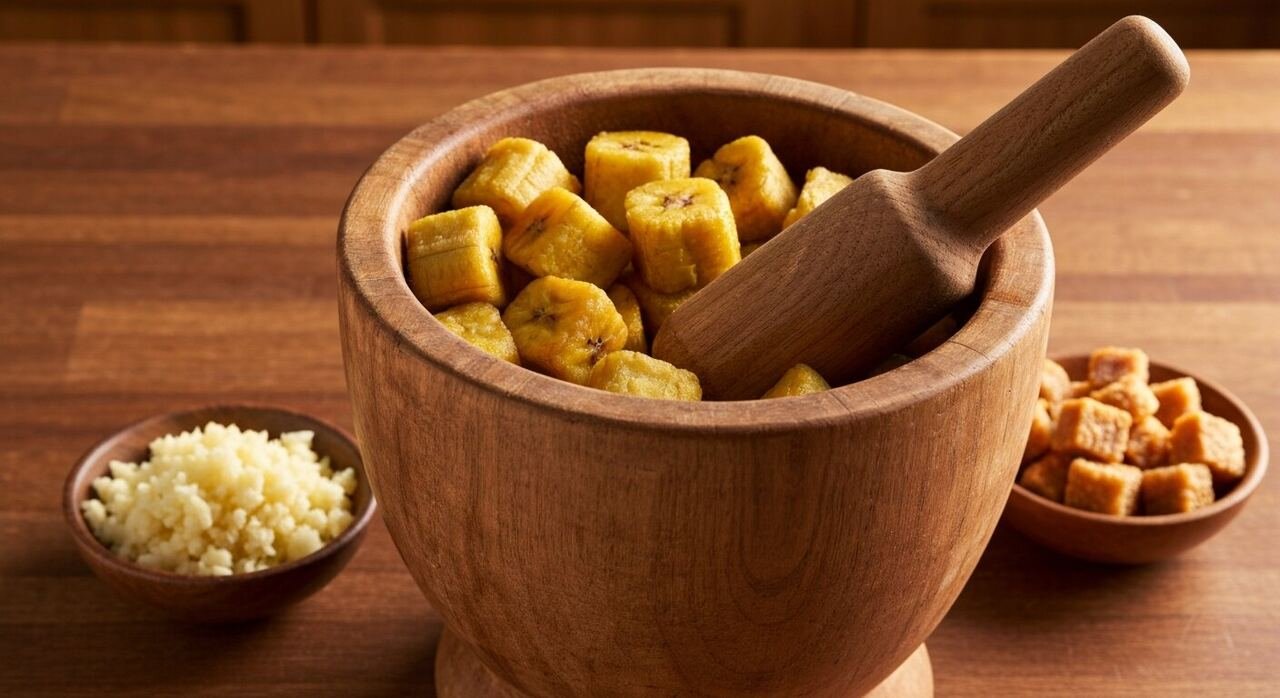 Fried plantain chunks in a wooden pilon with garlic and chicharron