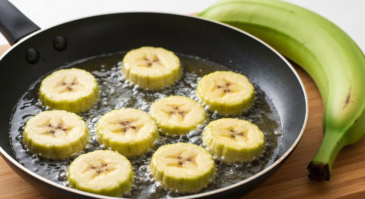 Green plantain coins frying golden in oil