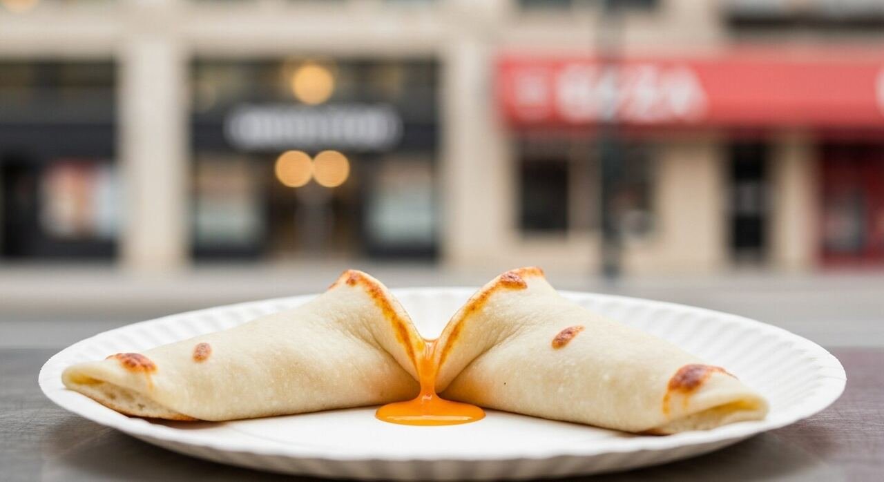 A hand folding a wide New York pepperoni slice lengthwise, crust-out, the pointed tip leading