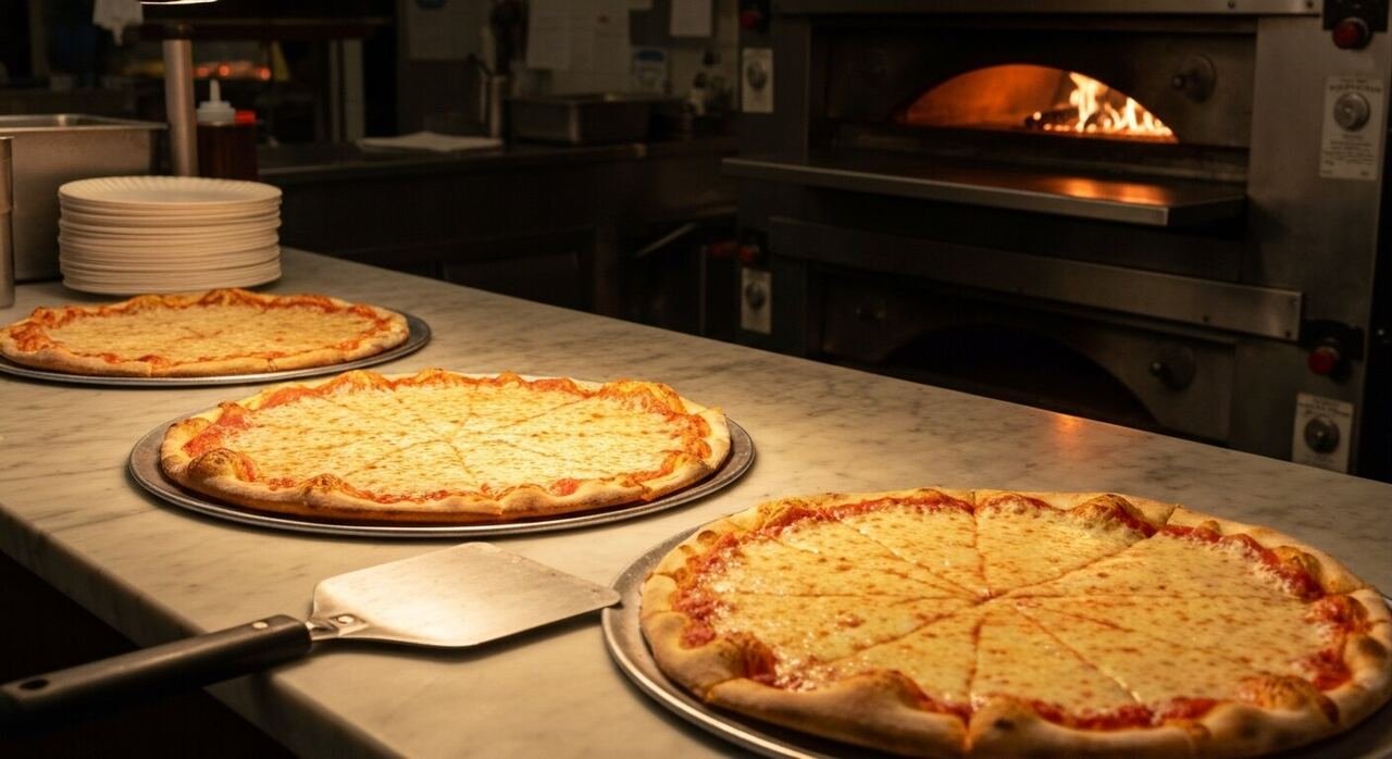A classic Neapolitan margherita pizza with a charred, puffy crust