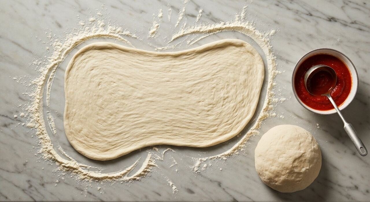 Hands stretching pizza dough over the knuckles into a thin round with bubbles around the rim