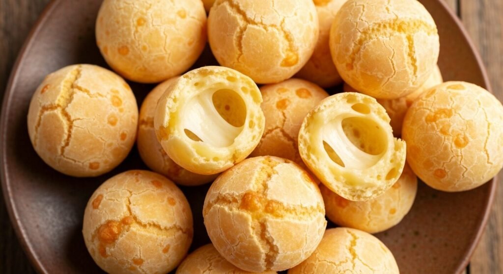 Golden Brazilian pao de queijo cheese bread rolls on a plate