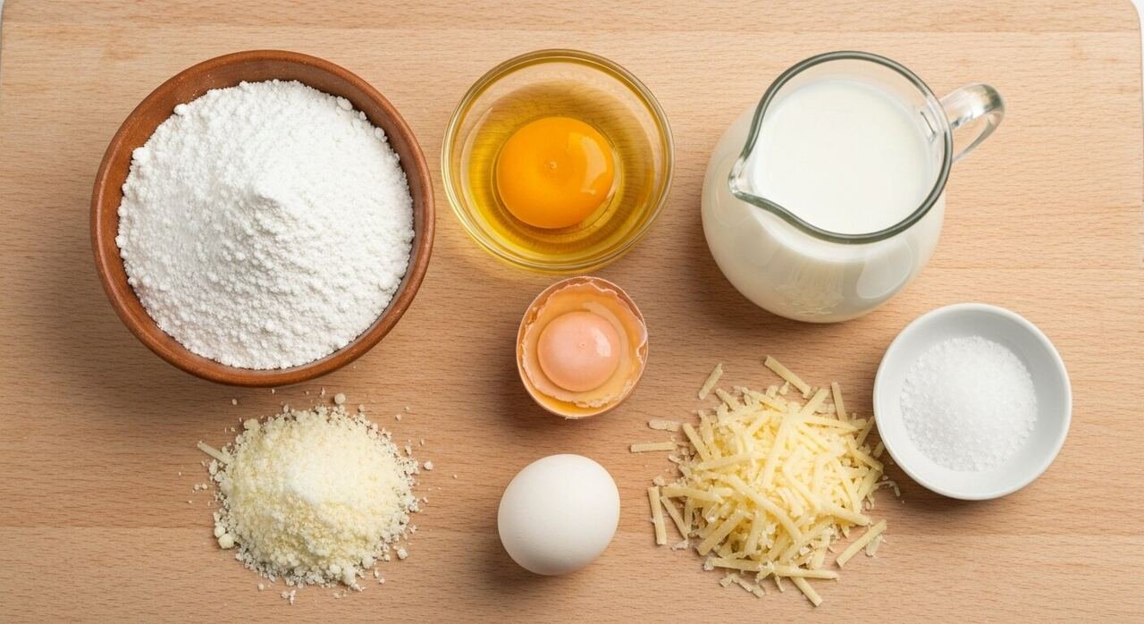Tapioca starch, eggs, milk, oil and grated cheese for pao de queijo