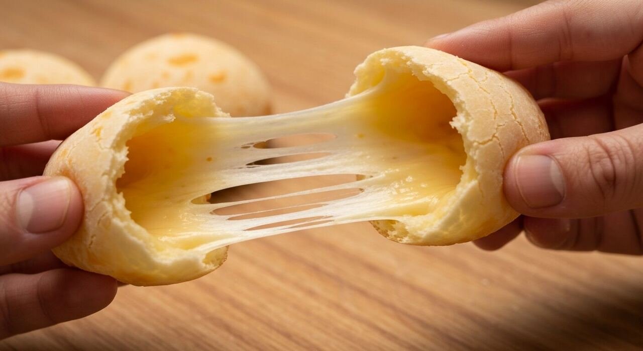 A pao de queijo torn in half showing its stretchy cheesy interior