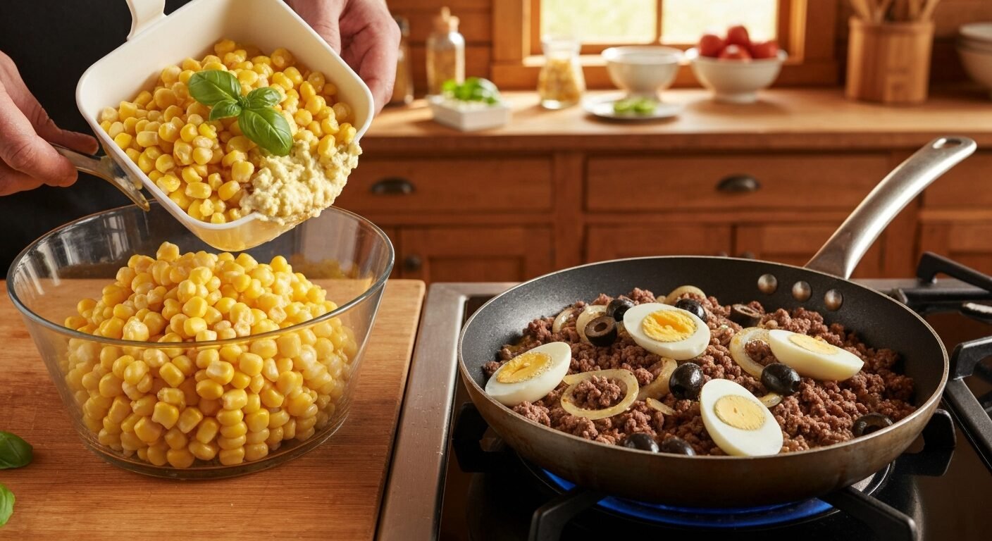 Blended corn with basil beside a pan of pino beef filling for pastel de choclo