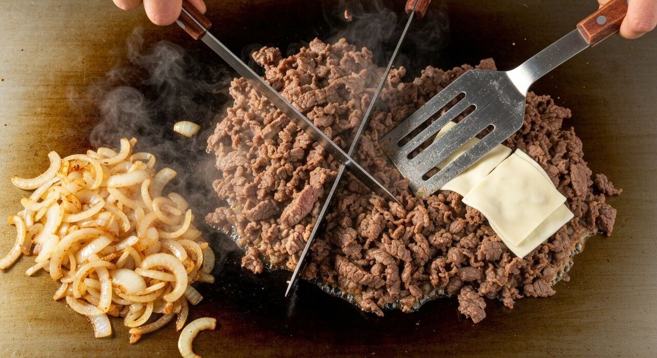 Chopped ribeye and onions on the flat top with cheese melting in