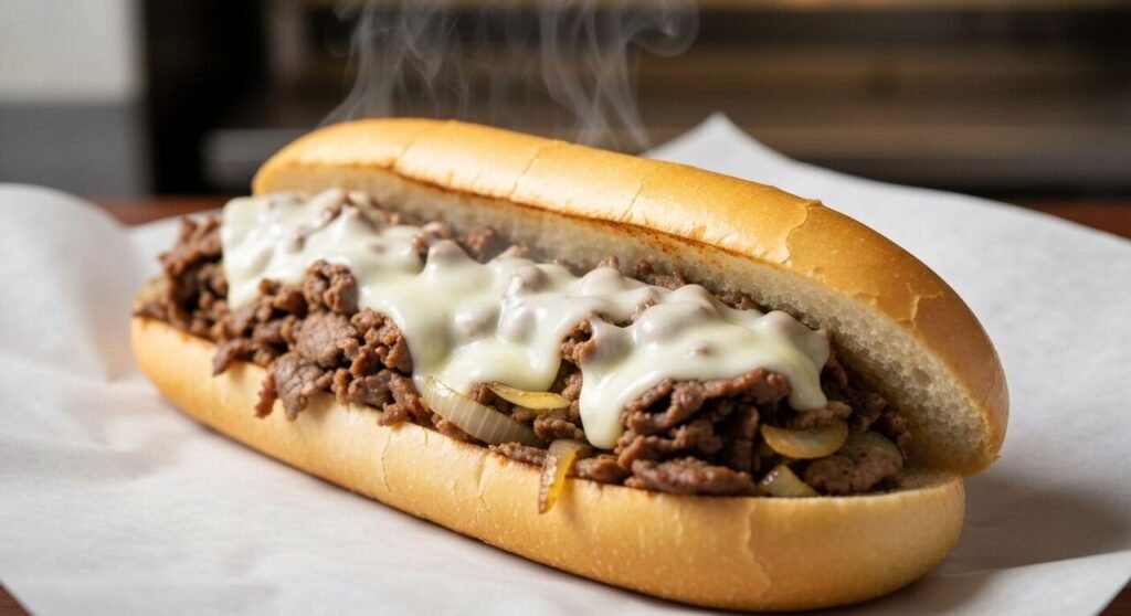 A Philadelphia cheesesteak packed with beef, cheese and onions