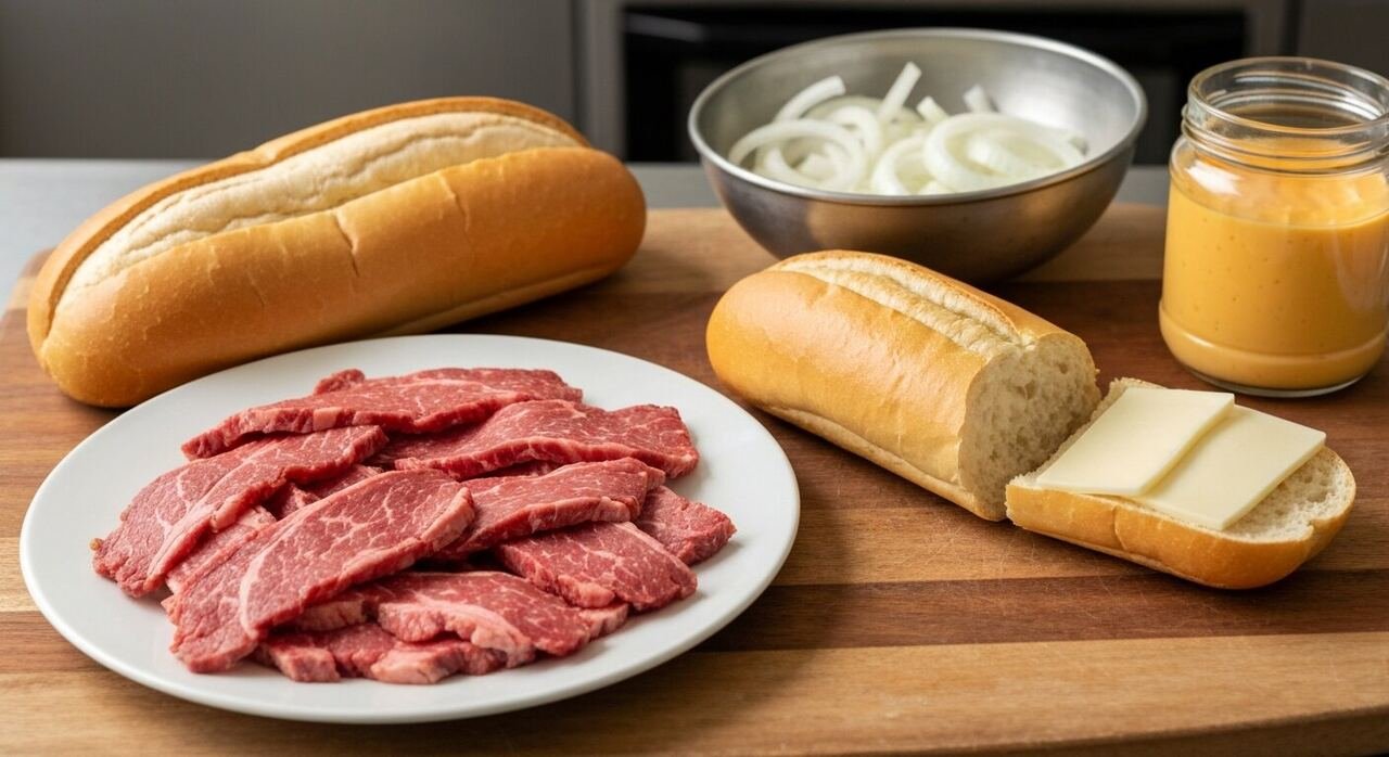 Hoagie rolls, shaved ribeye, onions and cheese ready for assembly