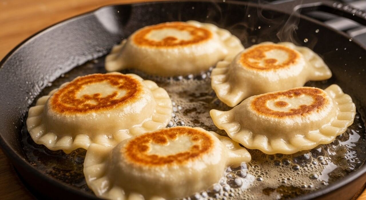 Potato pierogies pan-fried in butter until golden and crisp in a cast-iron skillet