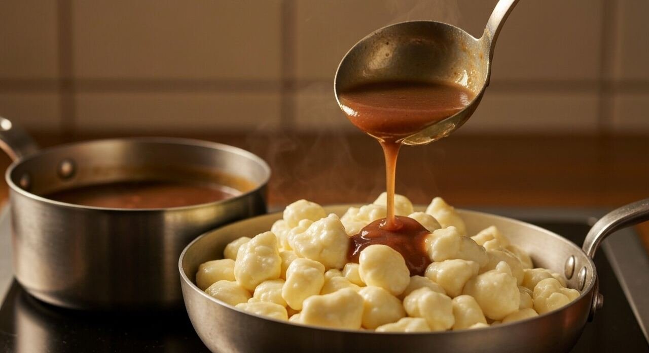Hot brown gravy poured over fresh white cheese curds, steam rising