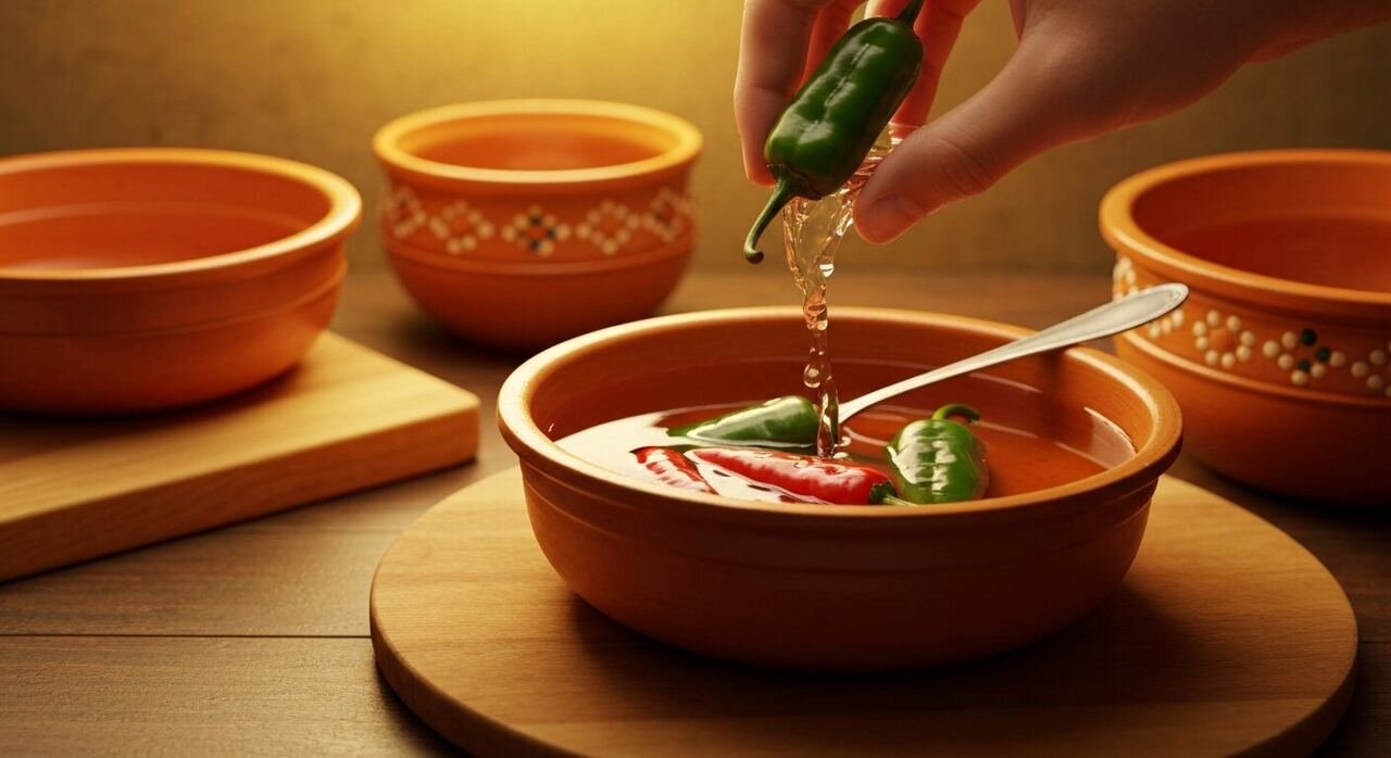 Guajillo and ancho chiles blended into the red pozole base