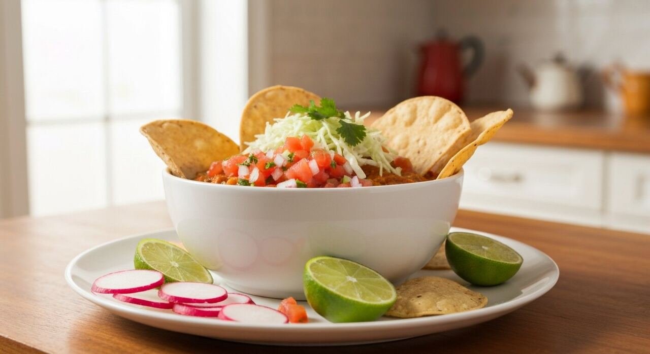 The pozole garnish spread: cabbage, radish, onion, oregano, lime and tostadas