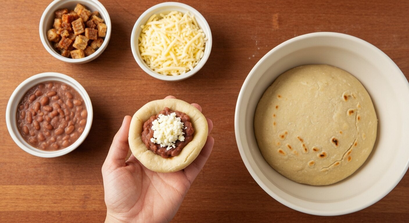 Masa dough with bowls of cheese, refried beans and chicharron filling