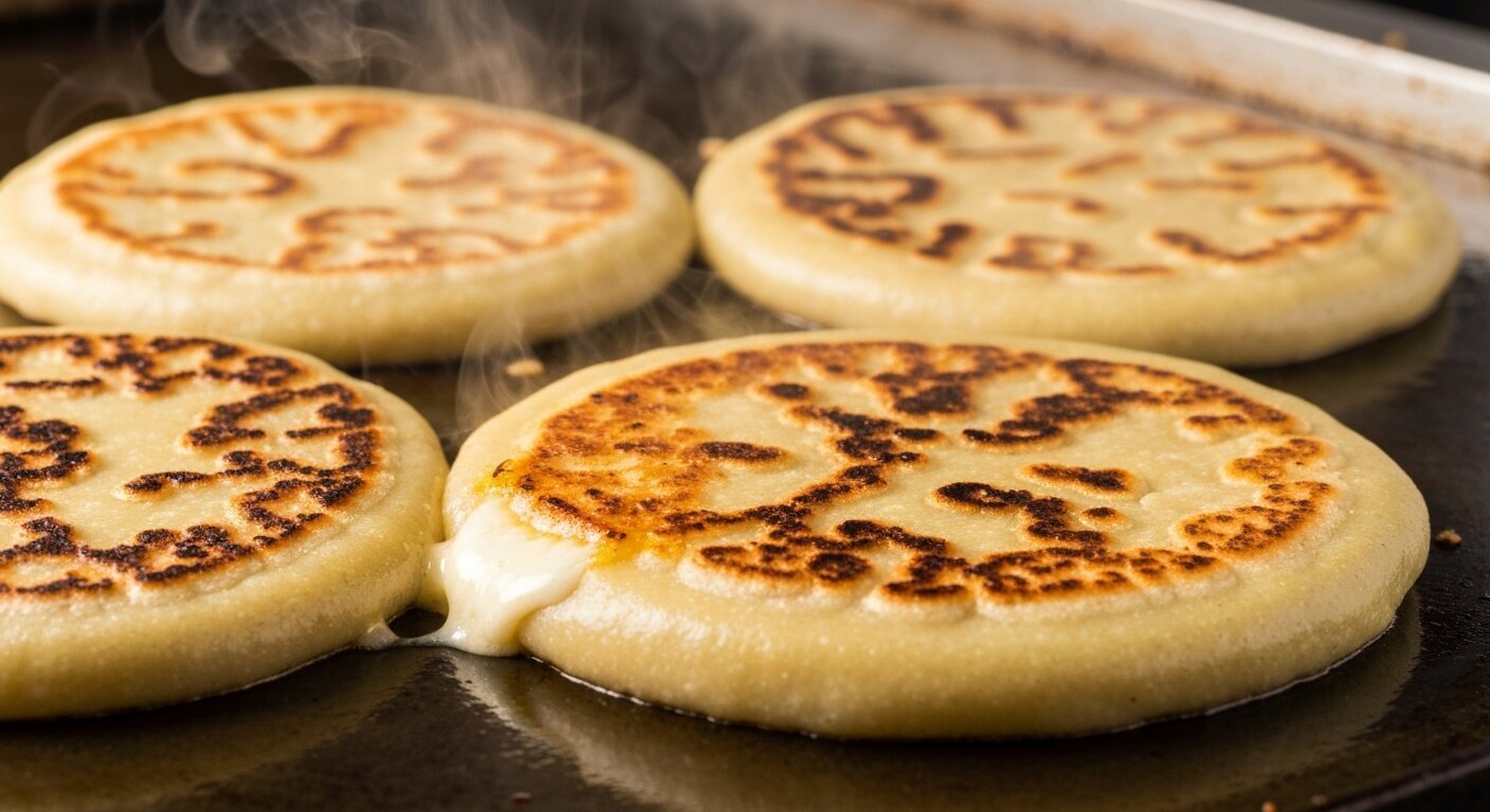 Thick pupusas toasting golden on a hot griddle