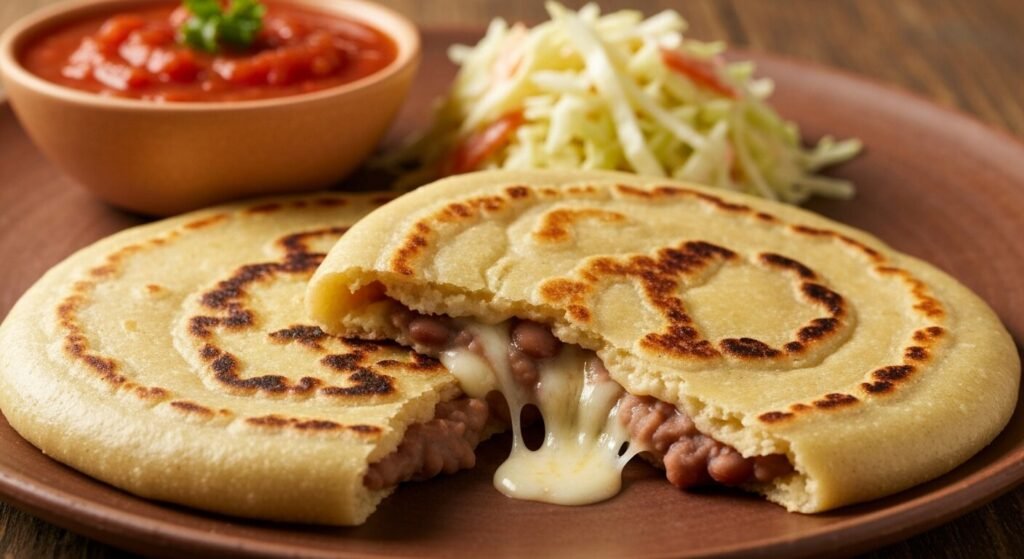 Golden Salvadoran pupusas with curtido and salsa