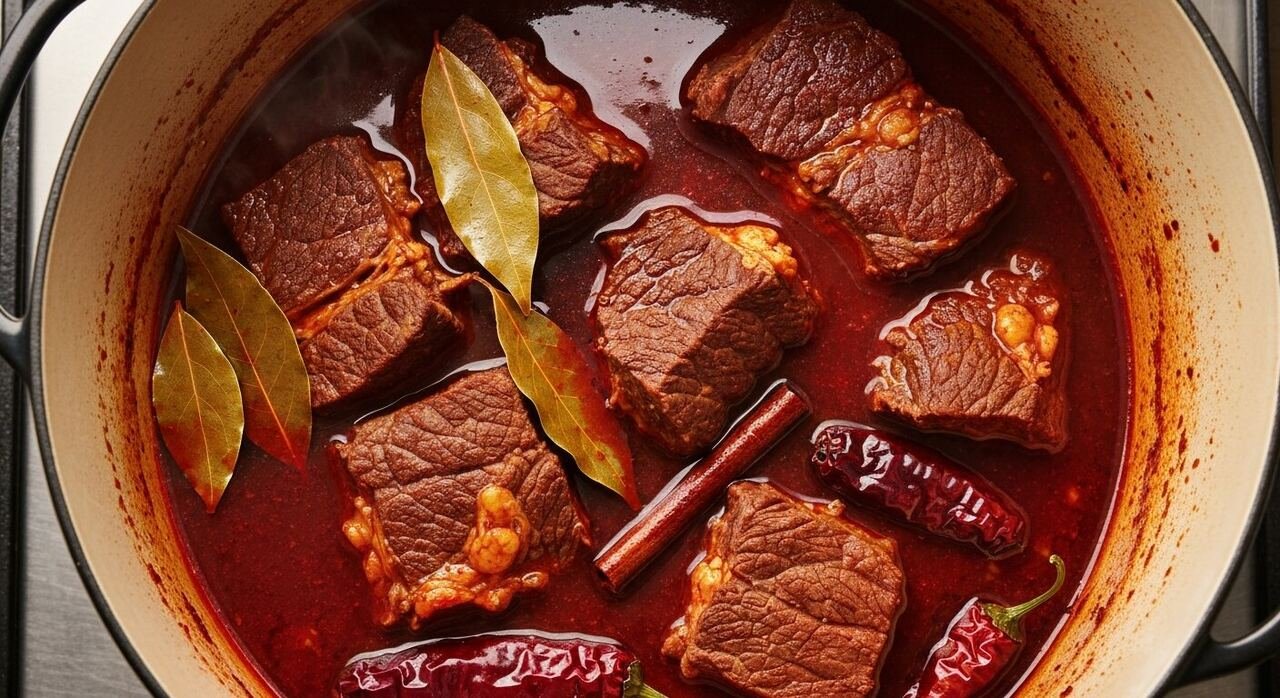 Beef chuck braising in deep red birria broth with chiles and bay leaves