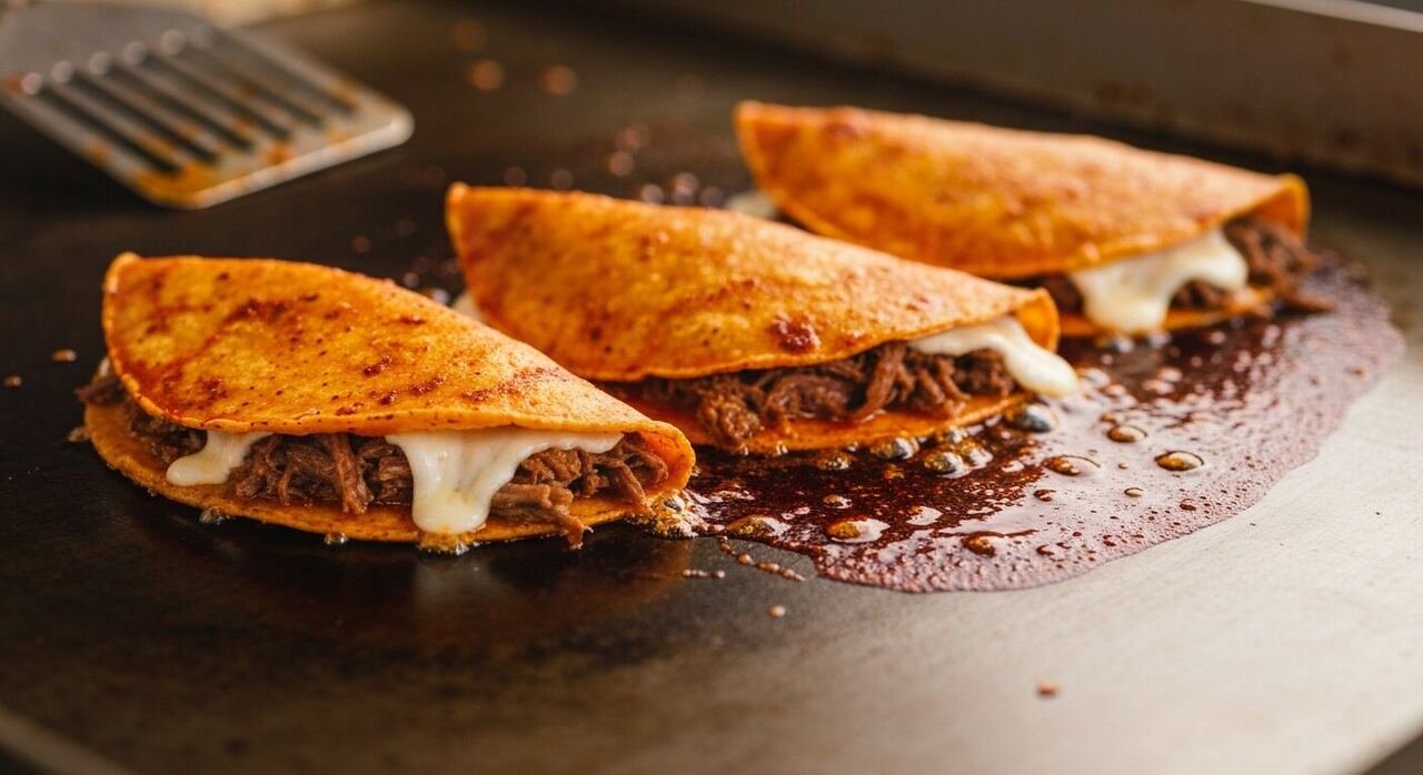Red-stained quesabirria tacos crisping on a flat top griddle