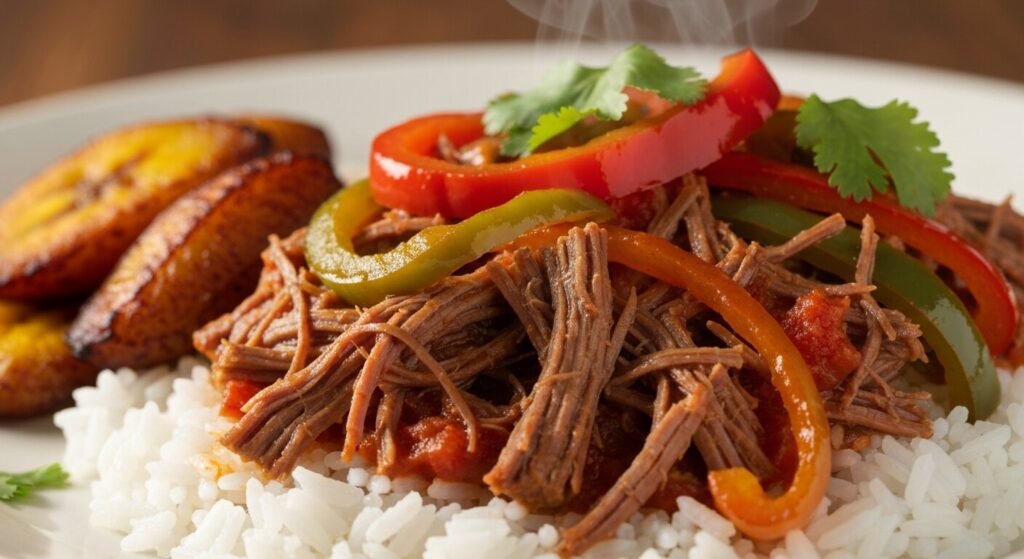 Cuban ropa vieja shredded beef with peppers over rice