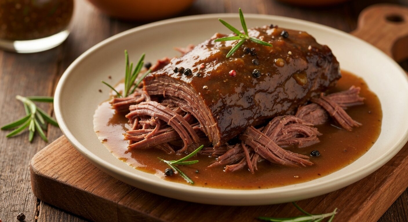 Braised flank steak pulled into tender strands