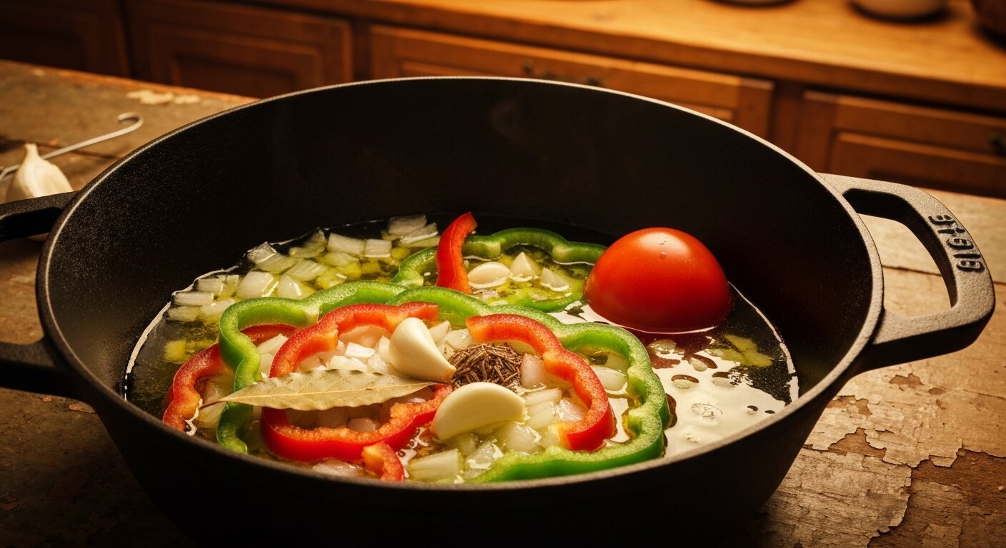Peppers, onion and garlic softening into a tomato sofrito