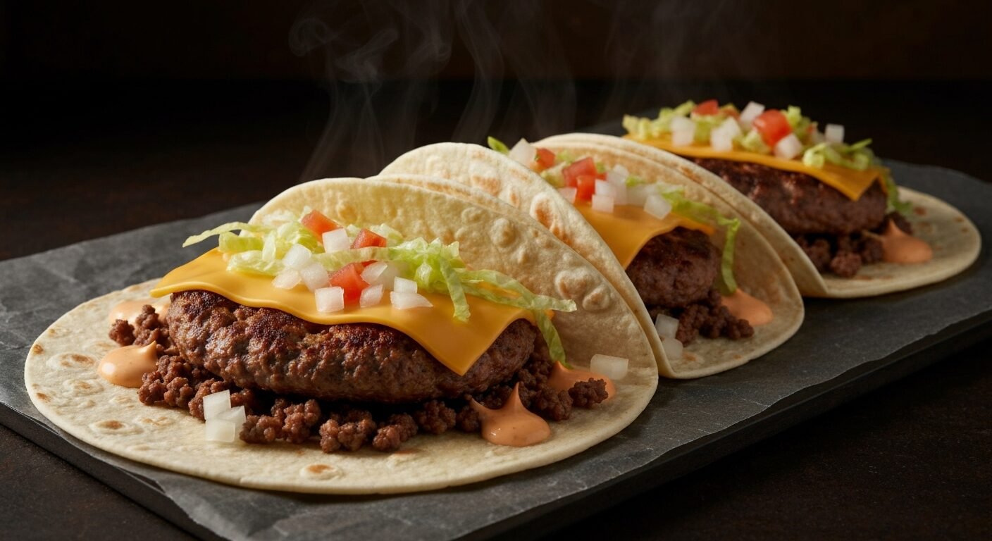 Spatula pressing a tortilla onto smashed beef on a hot griddle