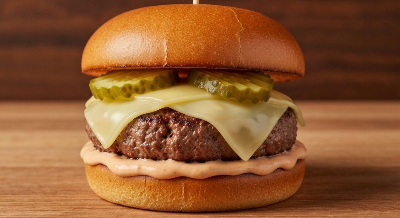 Smashburger assembly: sauce, pickles and a cheese-draped patty on a potato bun