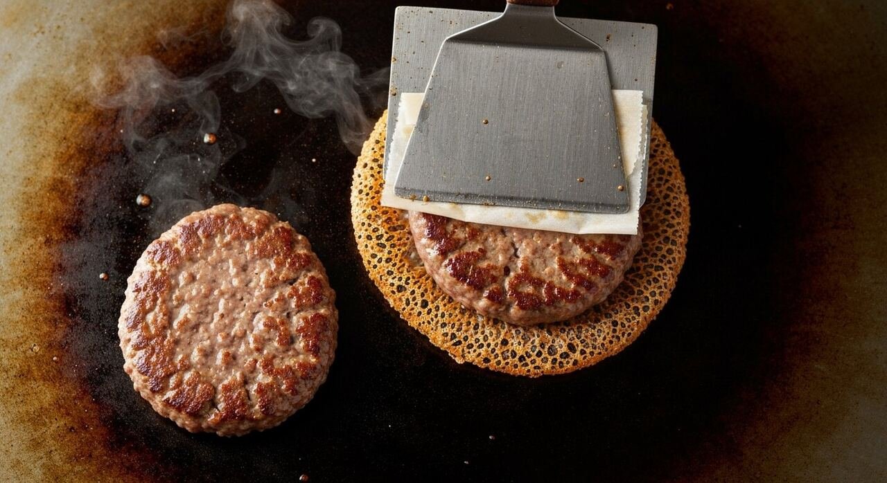 A beef ball smashed thin on the griddle, lacy crust forming