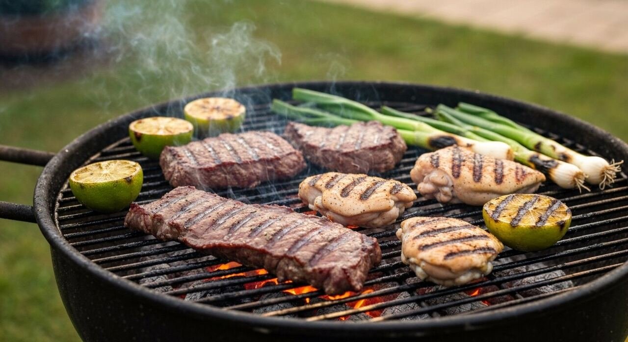 Steak and chicken searing over charcoal with limes and spring onions