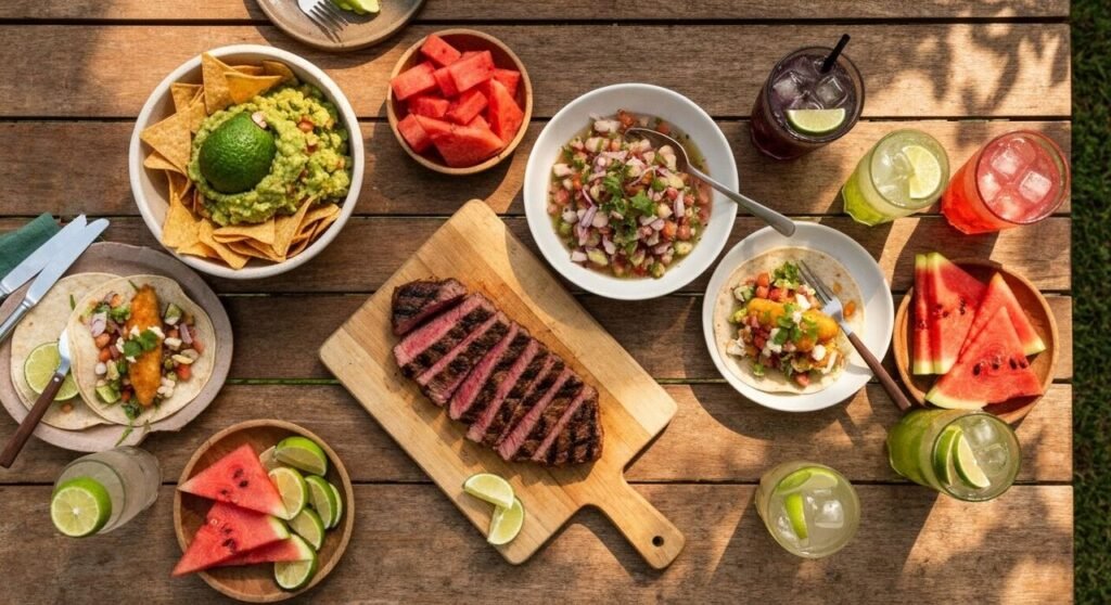 A sunlit outdoor table loaded with grilled meat, tacos, guacamole and ceviche