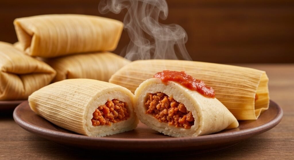 Steamed Mexican tamales with red chile pork