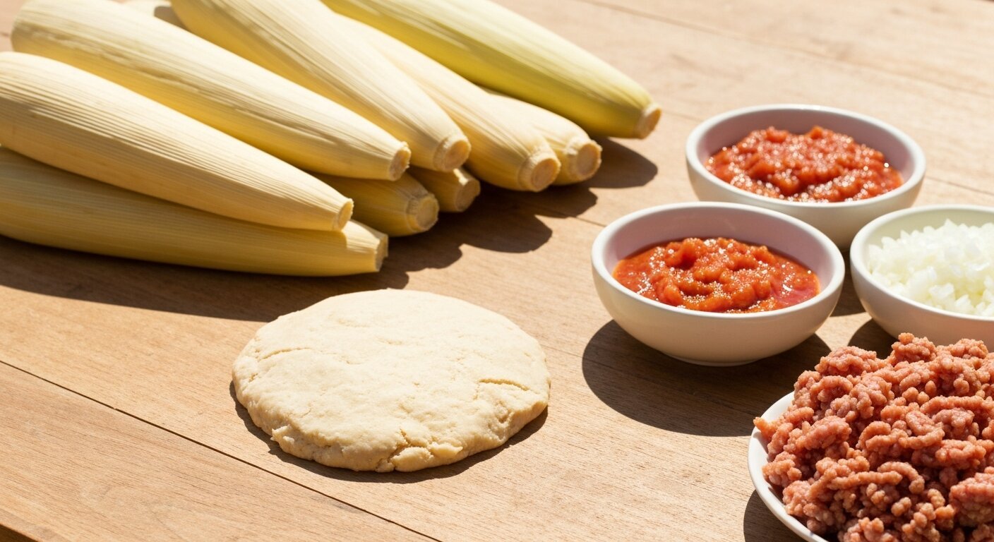 Masa, soaked corn husks and red chile pork filling ready to assemble