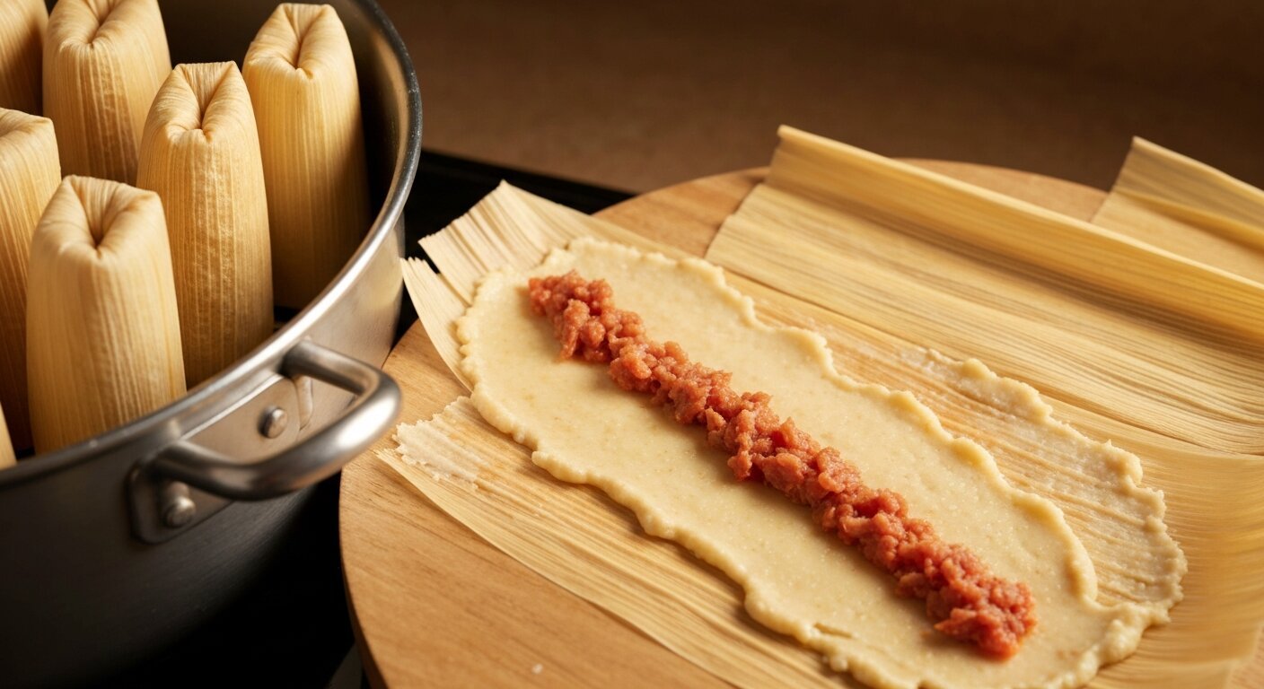 Masa spread on a corn husk with filling, folded tamales in a steamer