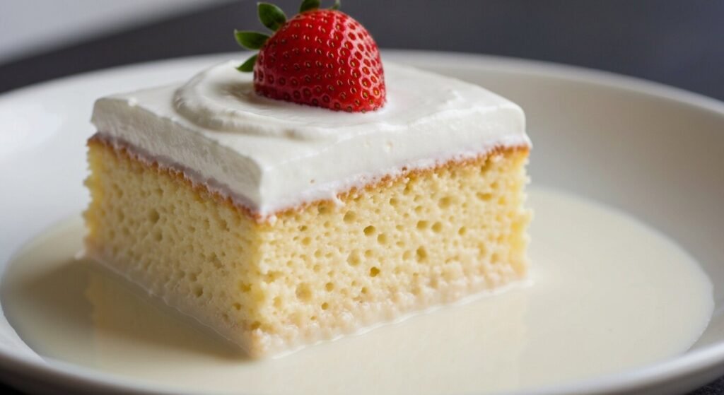 A slice of tres leches cake with whipped cream and a strawberry