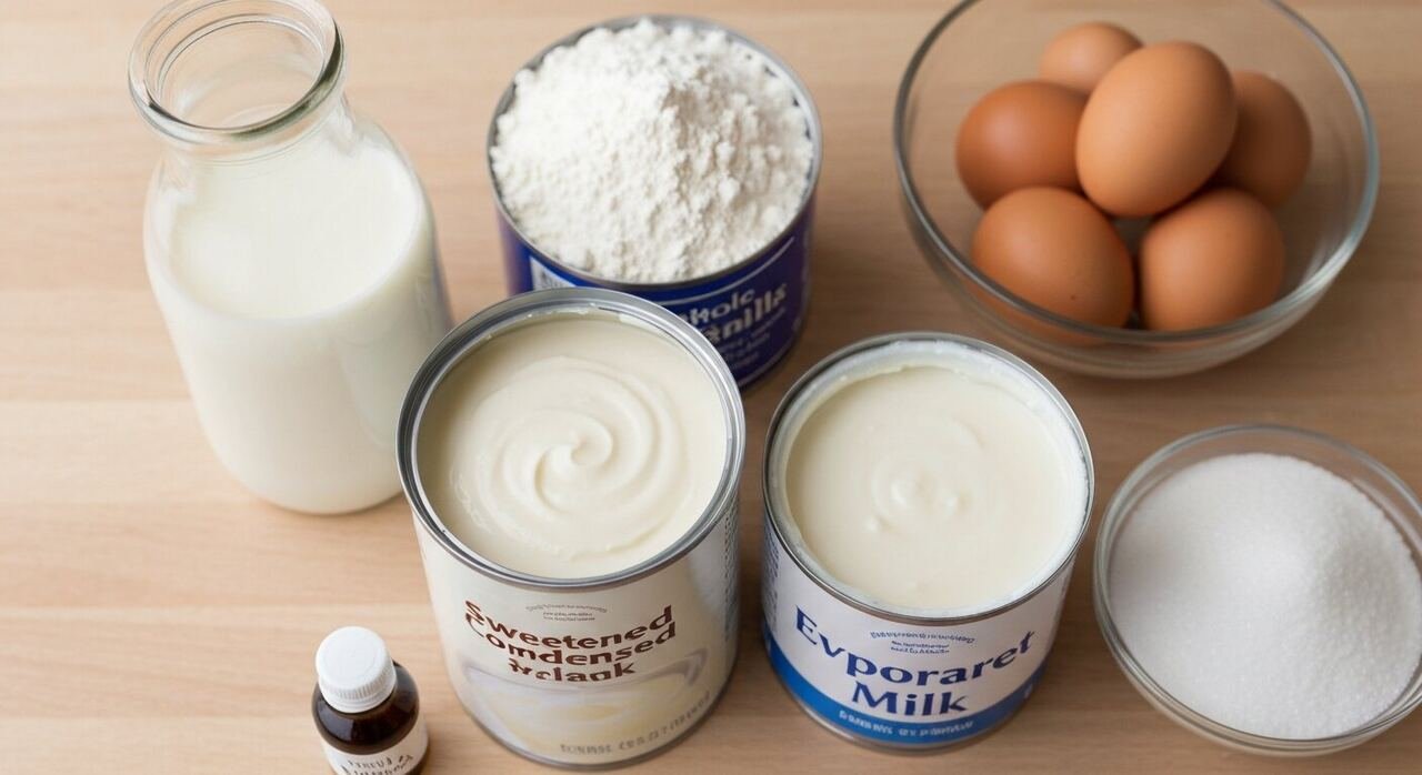Condensed milk, evaporated milk and whole milk with cake ingredients