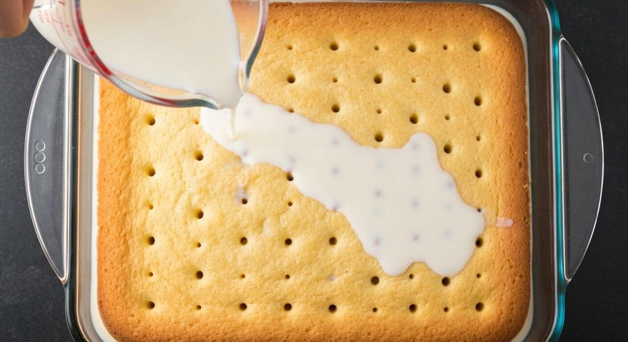 Milk mixture poured over a pierced sponge cake in a glass dish