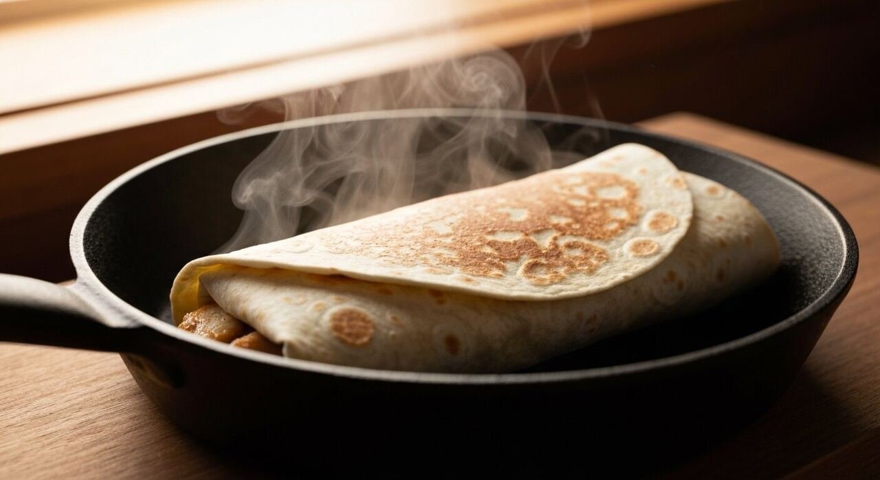 A folded chicken wrap toasting seam-side down in a dry skillet until the tortilla is blistered and golden